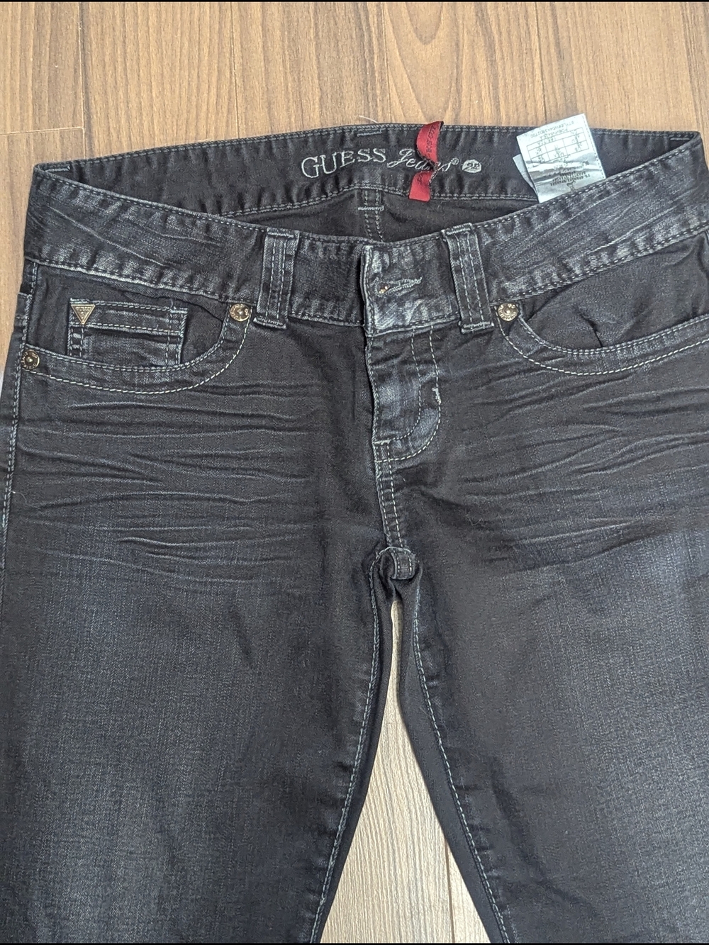 Y2K GUESS Daredevil Boot Cut Jeans – Charcoal Black Rhinestone Pocket – Size 28 - Picture 13 of 15